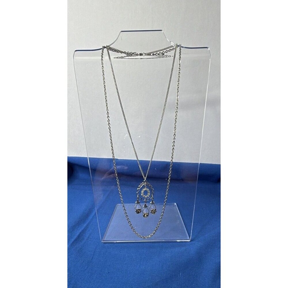 Silver Layered Double Chain Rhinestone Roses Victorian Romantic Necklace 17" - Picture 10 of 10